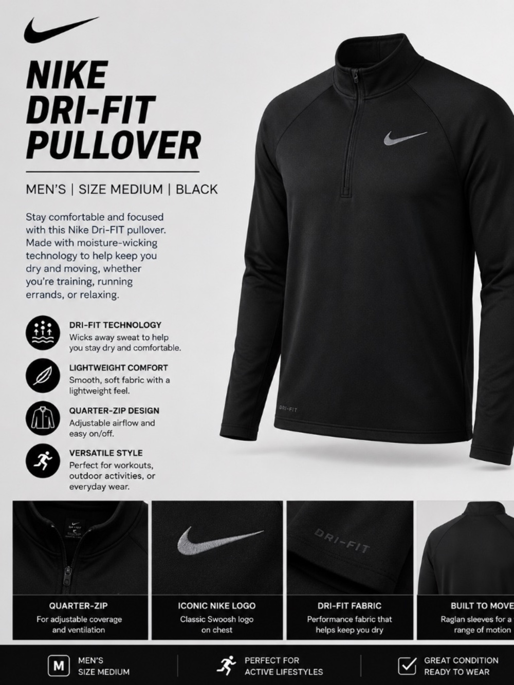 Nike Dri-FIT Black Quarter-Zip Pullover Men’s Medium Athletic Performance Top